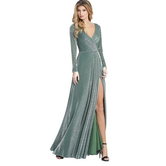 Ieena Mac Duggal Long Sleeve Faux Wrap Evening Gown Size 6 Jade Green Sparkly - Picture 1 of 16